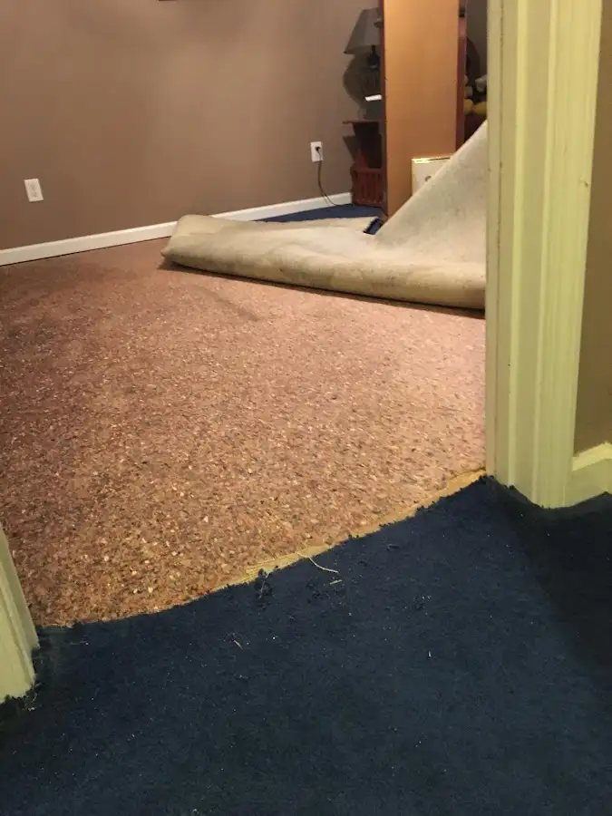 Carpet pad removal revealing water damage during Drying & Dehumidification in Philomath
